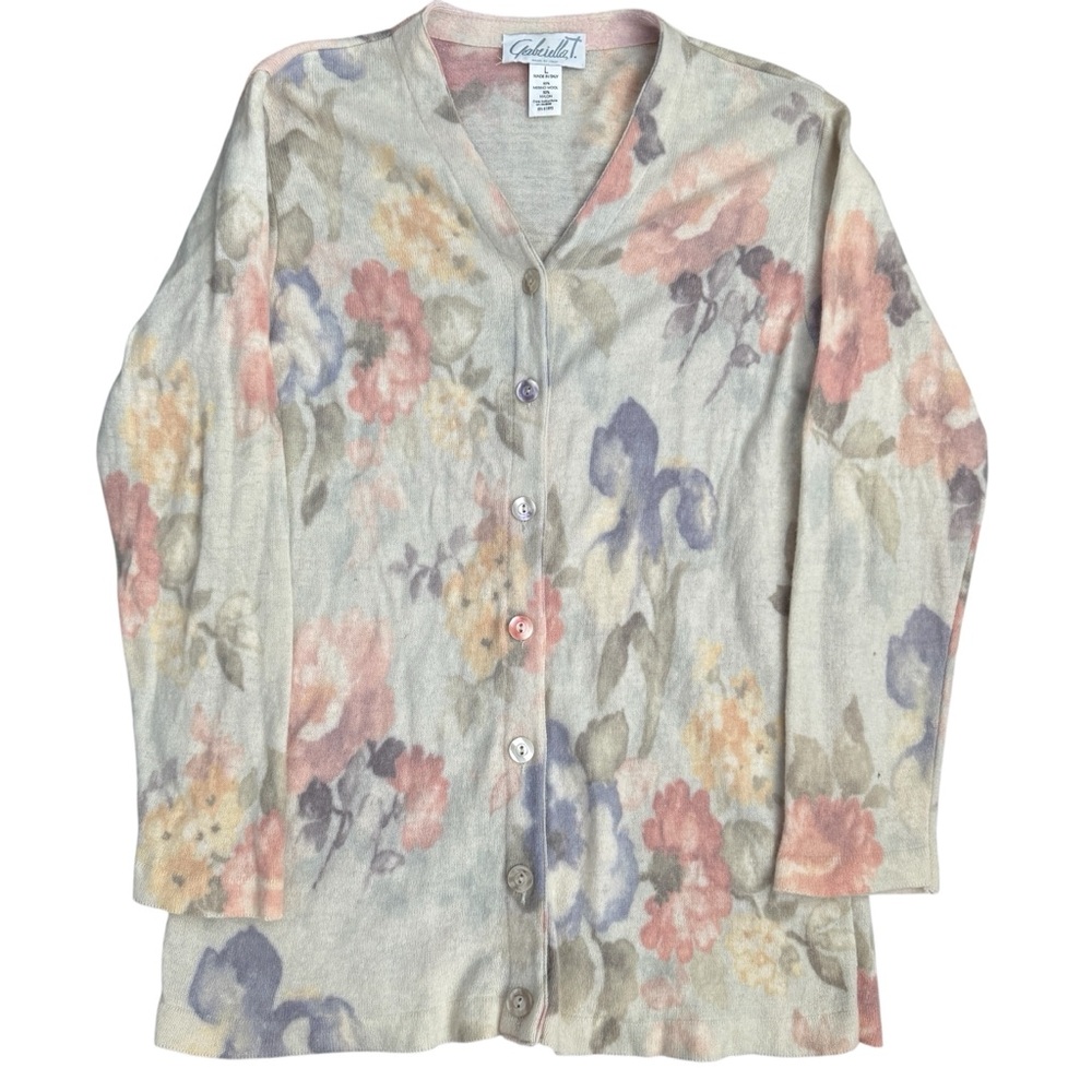 Vintage Gabriella T. Merino Wool Blend Floral Pattern Cardigan Sweater Sz L